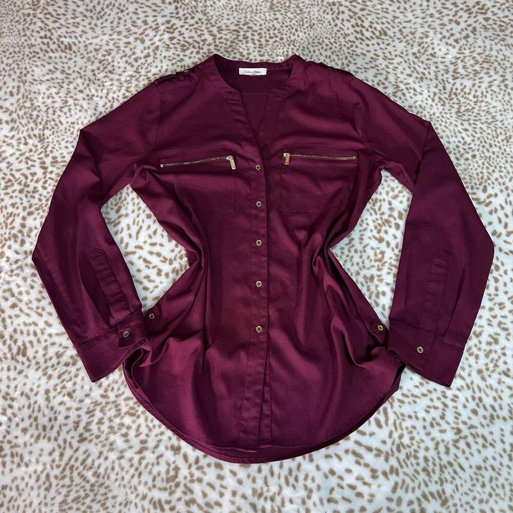 Calvin Klein Long Sleeve Button Up Shirt Maroon Gold Zip Pockets